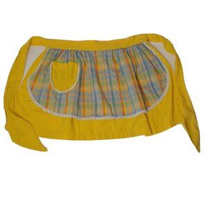 Vintage 1960's Apron Bright Yellow Lined Orange Blue Green Plaid Retro Kitchen